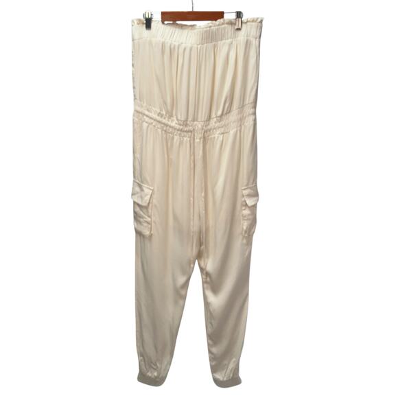 Rose Velvet Strapless Jumpsuit Womens Small Cream Rayon Neutral Soft Cargo - Picture 1 of 16